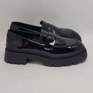 New York & Company Women's Penny Chunky Lug Sole Black Patent Leather Loafers 9